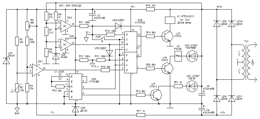 Схема блока управления накопительным нагревателем горячей воды с контролем напряжения питания